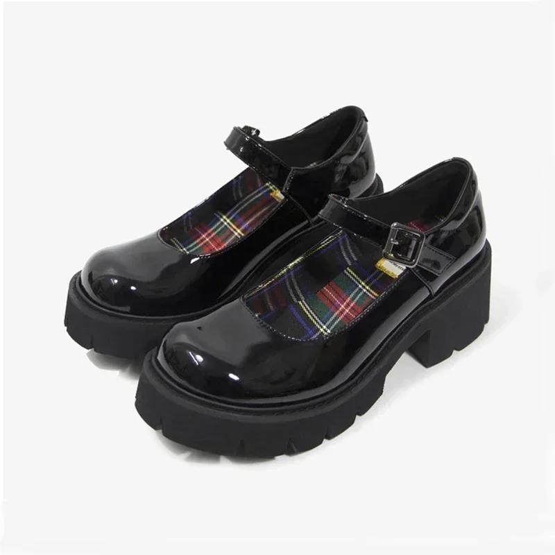Маленький размер 33 34 лакированные туфли Мэри Джейн на платформе женские туфли в клетку на высоком каблуке туфли-лодочки с круглым носком женские готические туфли