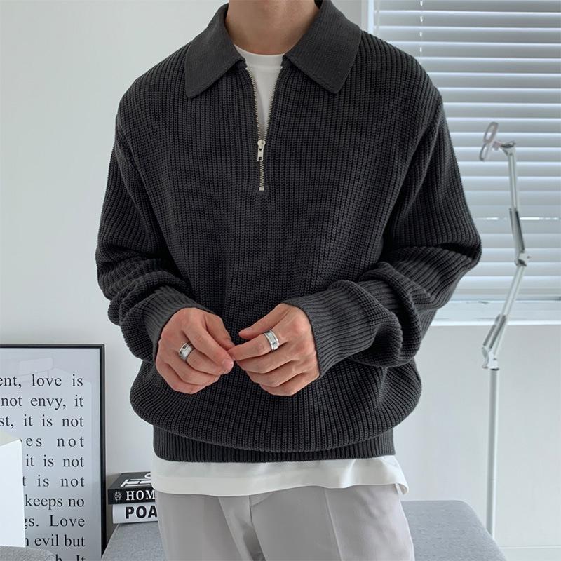 Men's Retro Korean Half-Zip Lapel Sweater - Loose Fit, Autumn/Winter Style Casual Trend