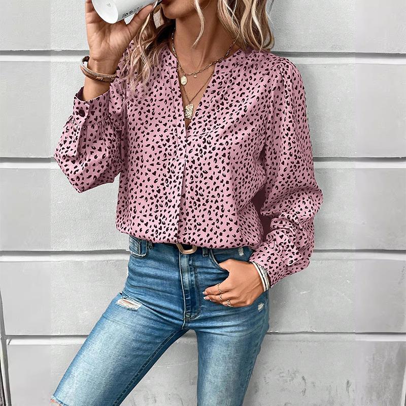 Women's V-neck Top Pullover Leopard Print Shirt Long Sleeves