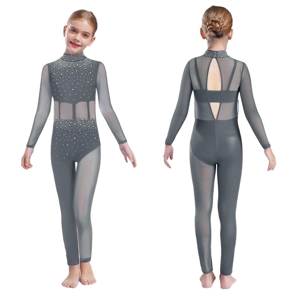 Girls Dance Performance Jumpsuit Full Body Leotard Long Sleeve Mock Neck Mesh Patchwork Keyhole Back Bodysuit