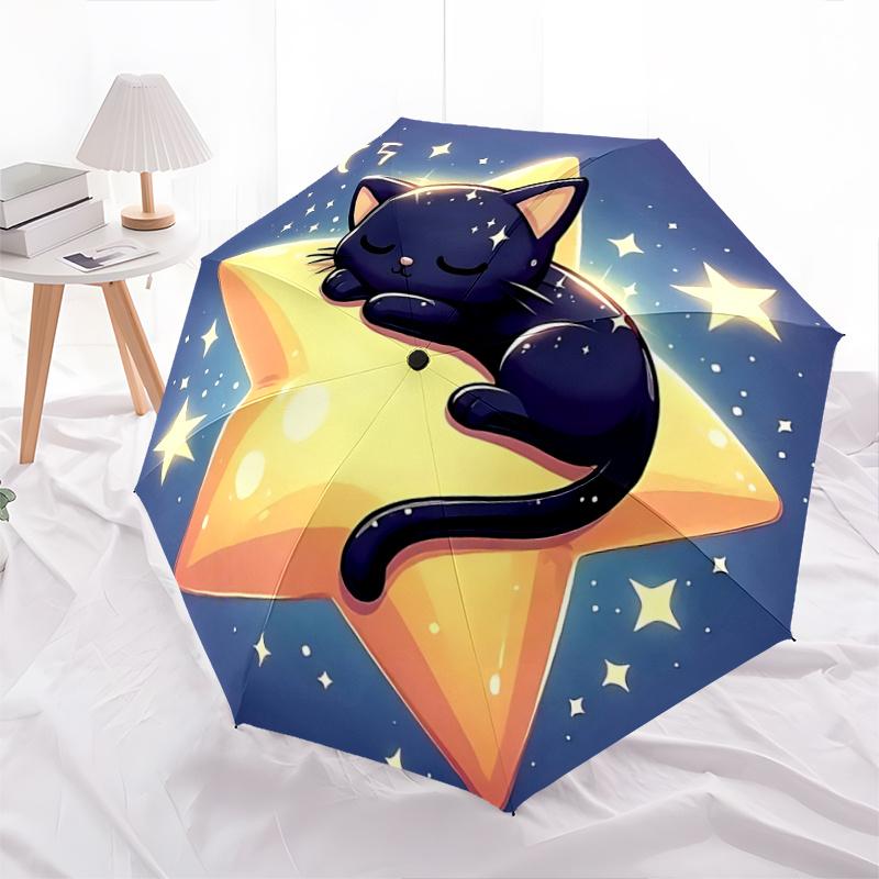 1pc Starry Night Black Cat Star Shaped Automatic Opening/Closing Umbrella with Foldable Design, Outdoor for Fans, Travelers, Everyday Use, Festiv
