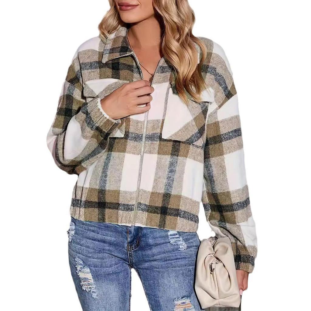 Autumn Winter Women's Plaid Zipper Jacket with Pockets - New Casual Short Style