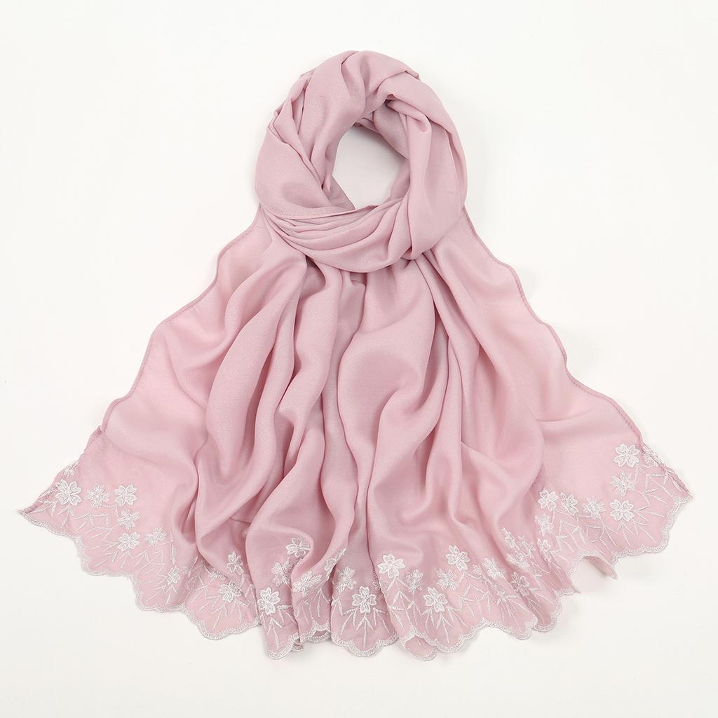 Solid Color Chiffon Embroidery Hijab - Ruffled Edge Long Scarf Islam Hijabs Women's Turbans Head Wrap Lightweight Scarf