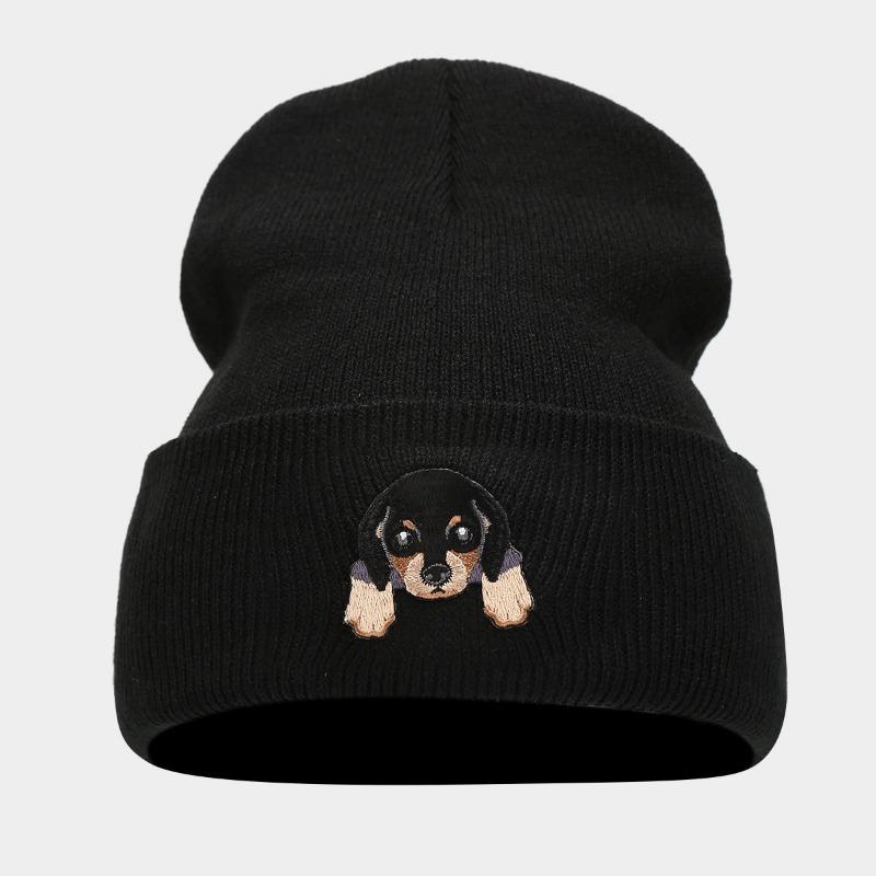 Cute Puppy Head Sticker Knitted Hat Autumn and Winter Street Fashion Crimped Pullover Black Hat
