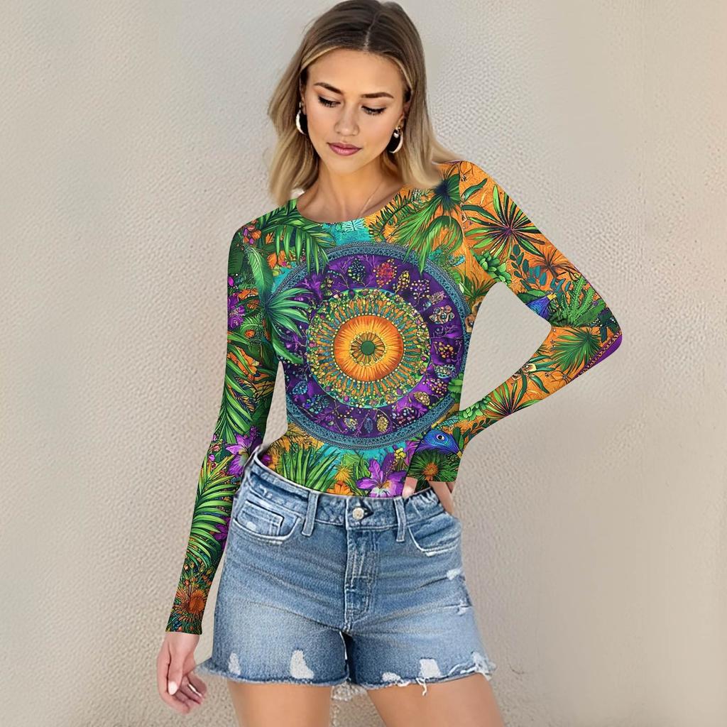 Женская и зимняя футболка с тонким низом, модная повседневная футболка с градиентным принтом и круглым вырезом, пуловер с длинным рукавом