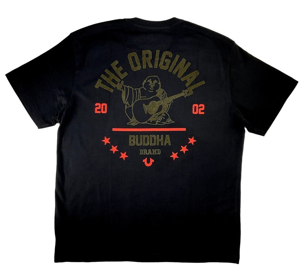 True Religion Jeans Logo Tee Crew Horseshoe Flocked Buddha Graphic Black Unisex T-Shirt