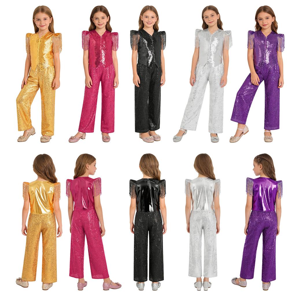 Kids Jazz Dance Costume Set Sequin Embellished Cap Sleeve V Neck Asymmetrical Hem Zip Vest with Elastic Waist Pants for Stage Competition