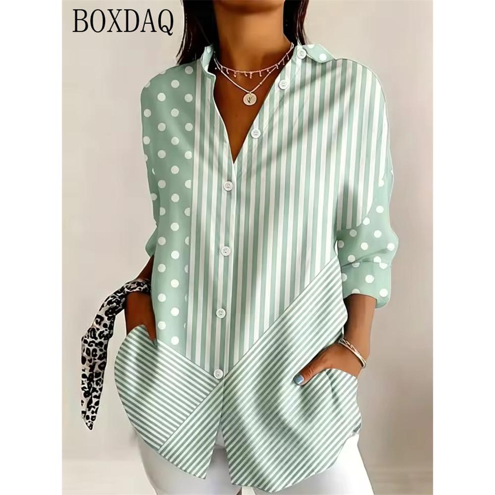 Long sleeved mixed print polka dot striped casual women's shirt elegant daily lapel button up shirt for