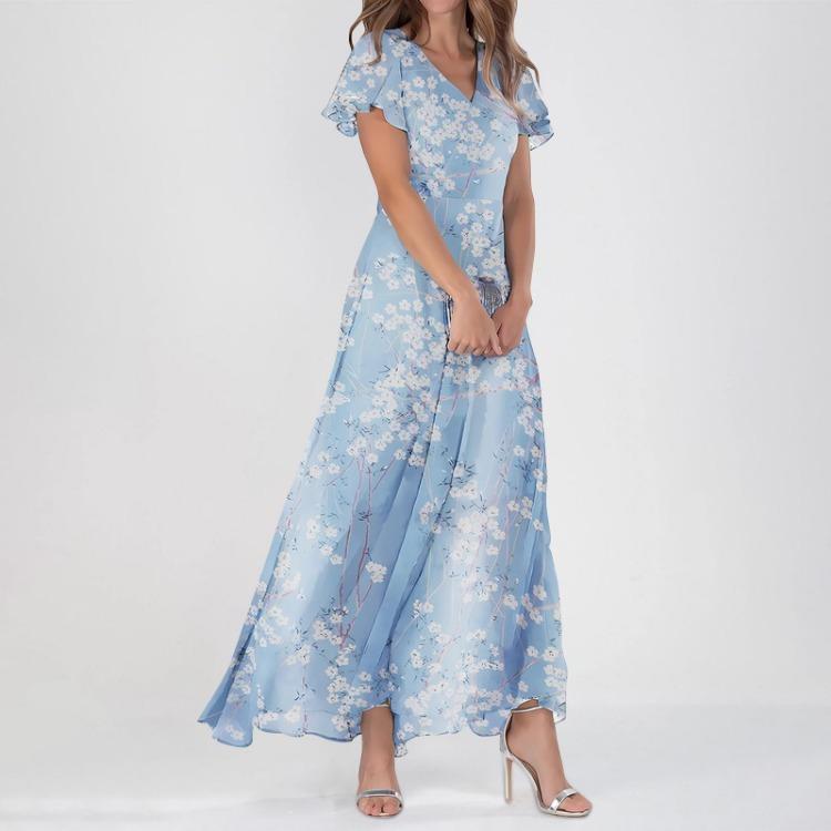 Maxi Dresses Casual for Women Summer Elegant Cute Flowing Wedding Guest Short Sleeve Chiffon Floral Dresses