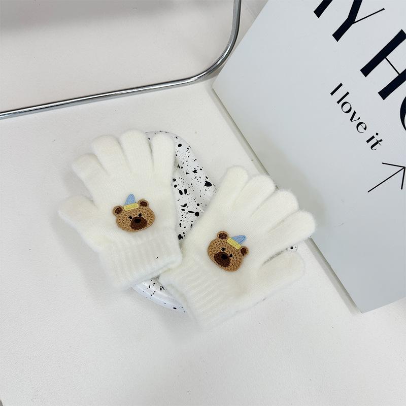 Korean Version of Cartoon Plush Children's Gloves Cute Bear Knitted Five Finger Gloves  Male and Female Baby Writing Finger Gloves