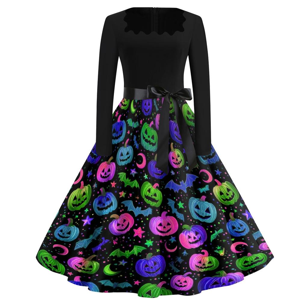 Women's Casual Vintage Halloween Dress Long Sleeve Square Neck Fit and Flare Midi Dress with Printed Skirt and Waist Tie