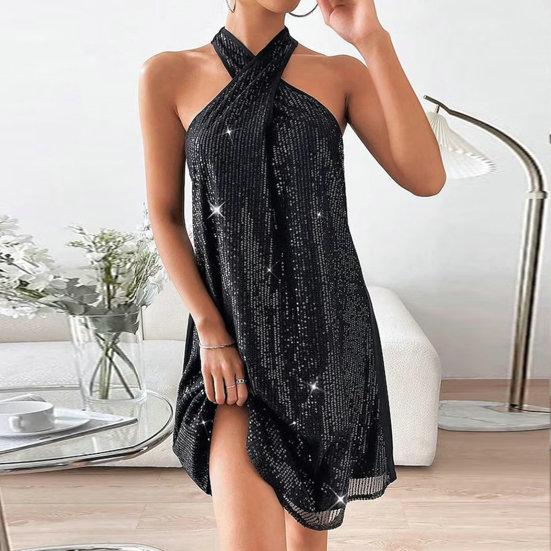 Женское платье с блестящими блестками с открытыми плечами без рукавов с перекрестной лямкой на шее, свободное трапециевидное платье со свободным подолом, однотонное мини-платье для выпускного вечера, вечернее платье