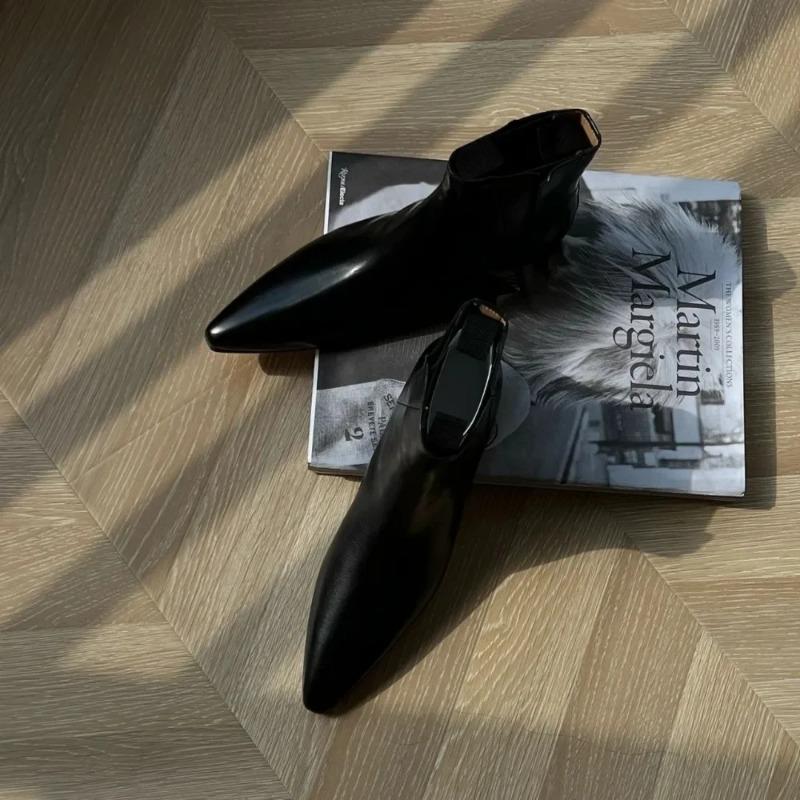 Модные ретро короткие ботинки женские осенне-зимние из натуральной кожи с острым носком челси женские туфли на плоской подошве для женщин тонкие туфли женские