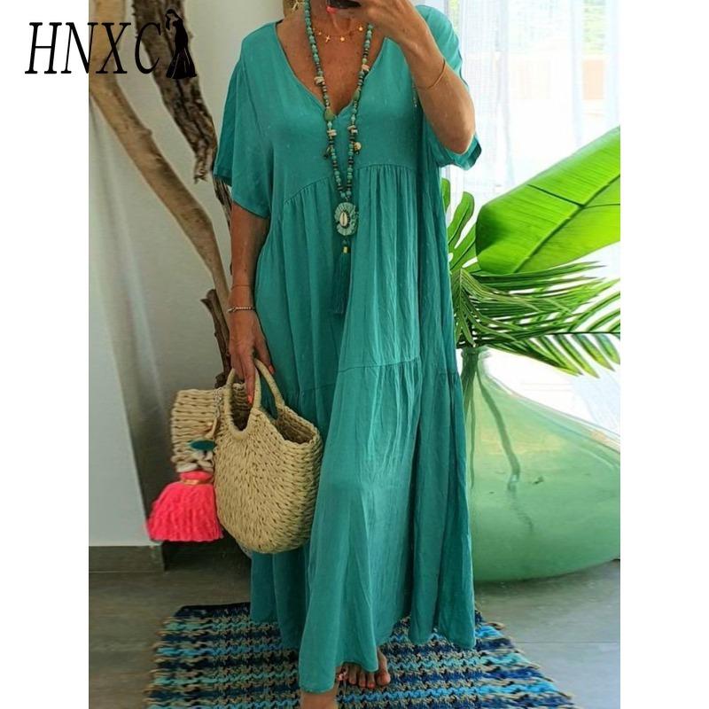 HNXC Женские модные летние весенние однотонные повседневные платья с v-образным вырезом и короткими рукавами и высокой талией