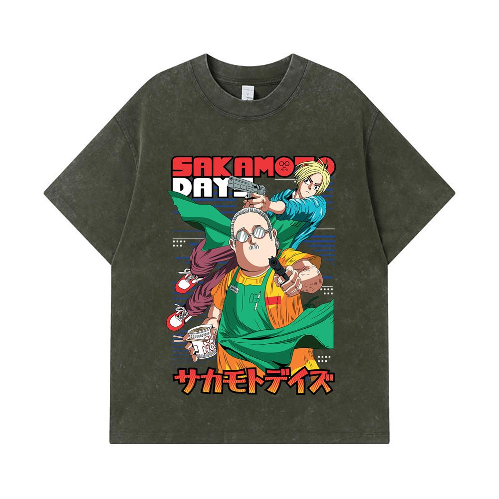 275 GSM Washed T-shirts 100% Cotton Sakamoto Days V3 Taro Shin Print Unisex Heavy Cotton T Shirt