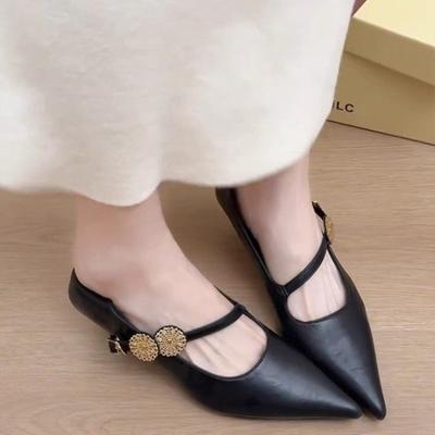 Летние ретро туфли-лодочки с острым носком и металлической пряжкой, женские новые темпераментные офисные туфли Мэри Джейн на толстом каблуке, черные