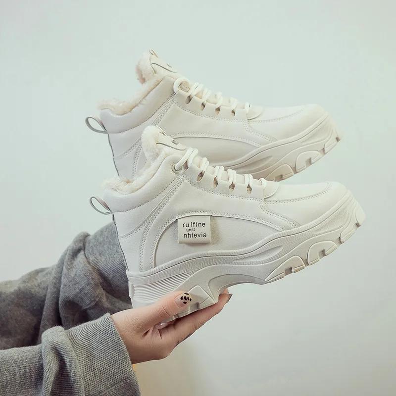 Зимняя обувь, женские ботинки на платформе, новинка 2024 года, массивные кроссовки, белые высокие повседневные туфли, дизайнерские модные плюшевые теплые женские ботильоны