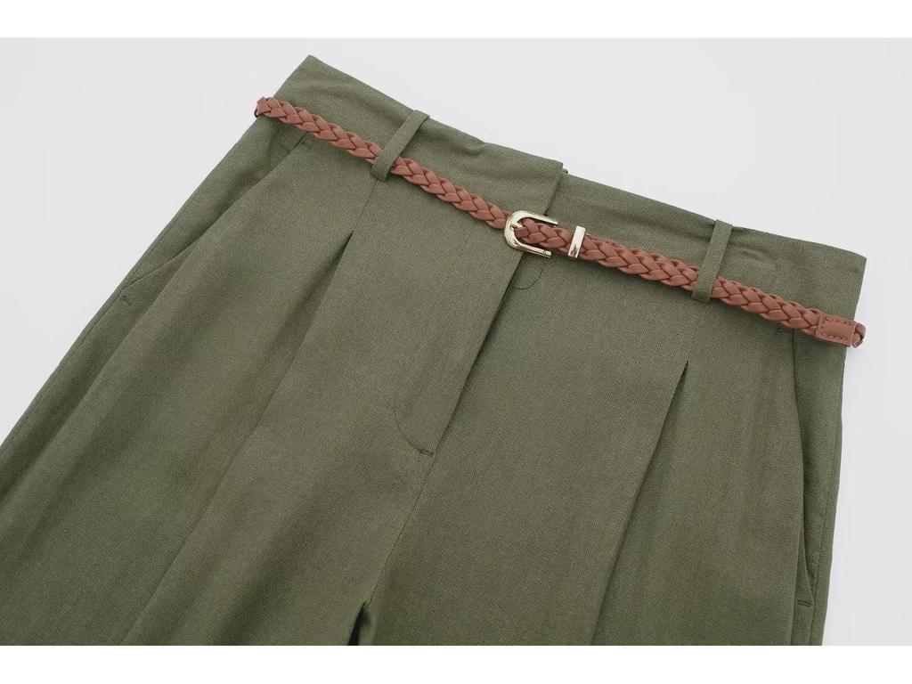 Летние 2024 г. Женские прямые брюки в европейском и американском стиле из льняной смеси с высокой талией в стиле ретро