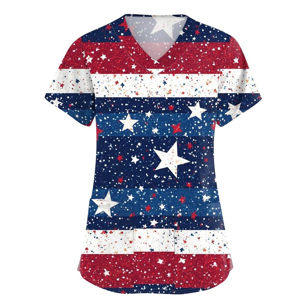 Women's Short Sleeve Independence Day Printed V-Neck Pocket Workwear Top