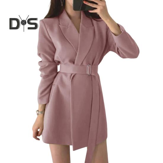 Женский пиджак с лацканами, длинным рукавом, поясом, пиджаком с боковыми карманами, однотонный, свободный крой, офисная женская верхняя одежда