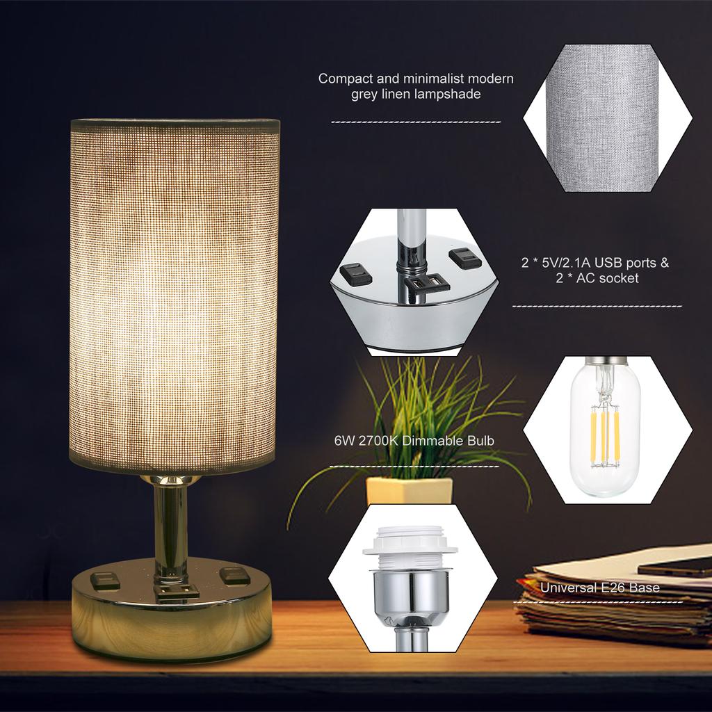 A C 110130V Bedside Table Lamp Desk Light Nightstand Lamp Dual USB and Dual Socket Sensitive