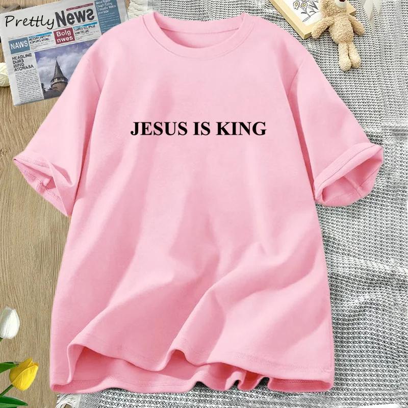 JESUS IS KING Графические футболки Христианская футболка Воскресное служение Религиозная вера Футболка Хлопок Короткий рукав Женская одежда Топы