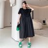 Большие размеры летние плиссированные черные винтажные платья для женщин свободного покроя с коротким рукавом, свободное повседневное длинное платье корейская одежда