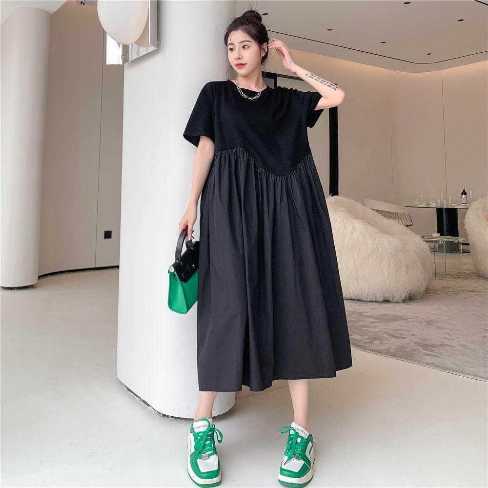 Большие размеры летние плиссированные черные винтажные платья для женщин свободного покроя с коротким рукавом, свободное повседневное длинное платье корейская одежда