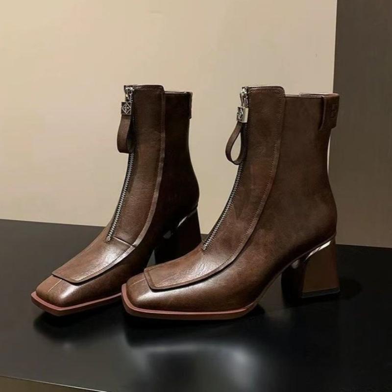 Fashion 2024 Retro Square Toe Women Ankle Boots Chunky Low Heel Short Booties Designer Cowboy Rubber Shoes Western Botines Mujer