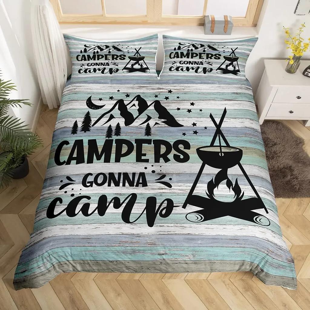Rustic Farmhouse Style Duvet Cover Set 2/3 Pcs Old Barn Door Comforter Cover Happy Camper Print Black Sketch Drawing Quilt Cover