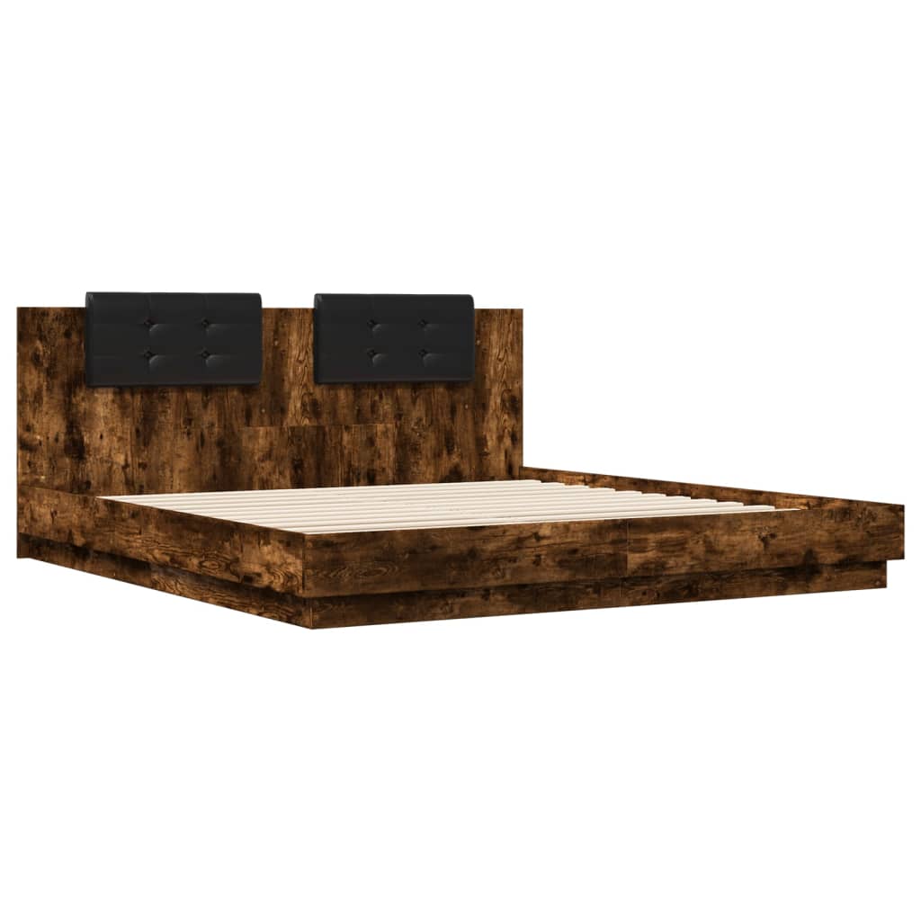 Bed Frame with Headboard & LED Lights Smoked Oak 200x200 cm