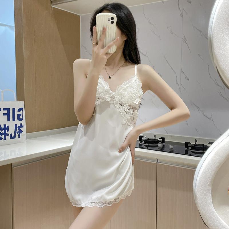 1011 spring and summer solid color pajamas women's thin ice silk sexy nightgown lace backless suspender loungewear