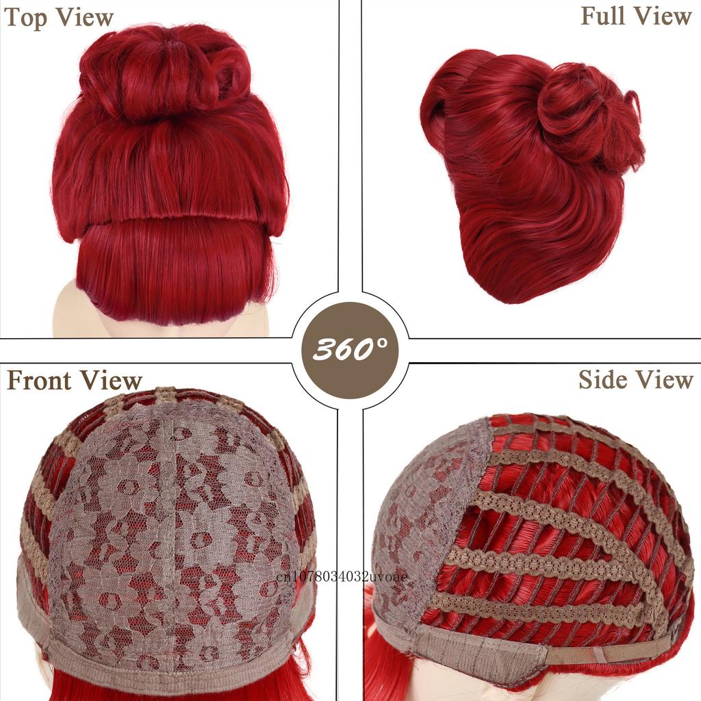Synthetic Hair Red Updo Wig with Bangs and Bun Short Curly Wigs for Women Girls Halloween Costume Party Cosplay Heat Resistant
