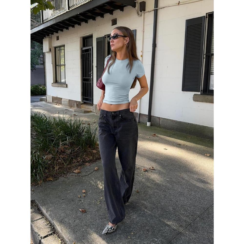 Женские топы, модные базовые футболки с круглым вырезом и коротким рукавом, облегающие милые укороченные топы, рубашки, повседневная женская летняя одежда