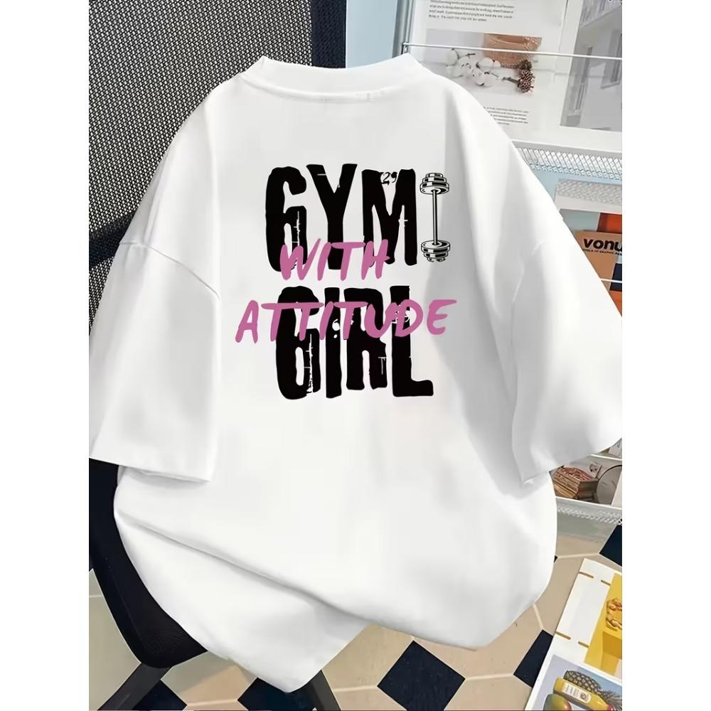 Мужская Женская Черная Повседневная Футболка с Графическим Принтом 'Gym with Attitude' с Розово-Белой Буквенной Печатью, Короткий Рукав, Круглый Вырез