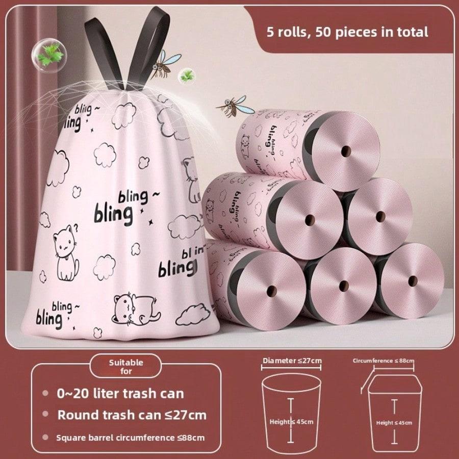 5 large rolls of drawstring garbage bags household thickened portable large kitchen bathroom dormitory cleaning plastic bags
