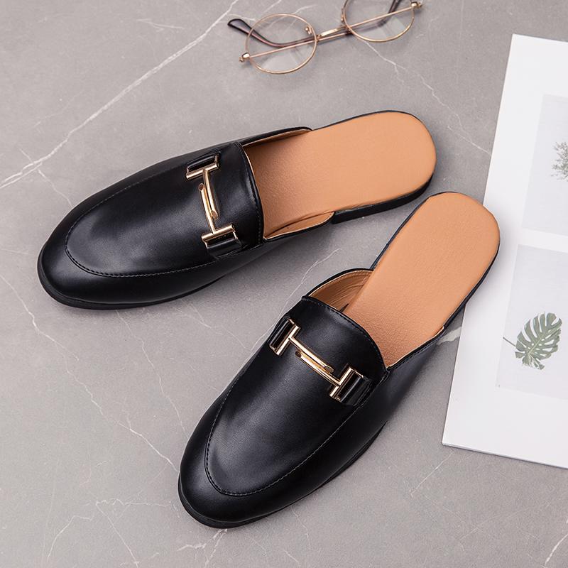 Fashion Fashion Men's Slip-on Half Slippers 2025 High Quality Leather Men Shoes Classic Mules Non-slip Half Shoes Summer White Moccasins