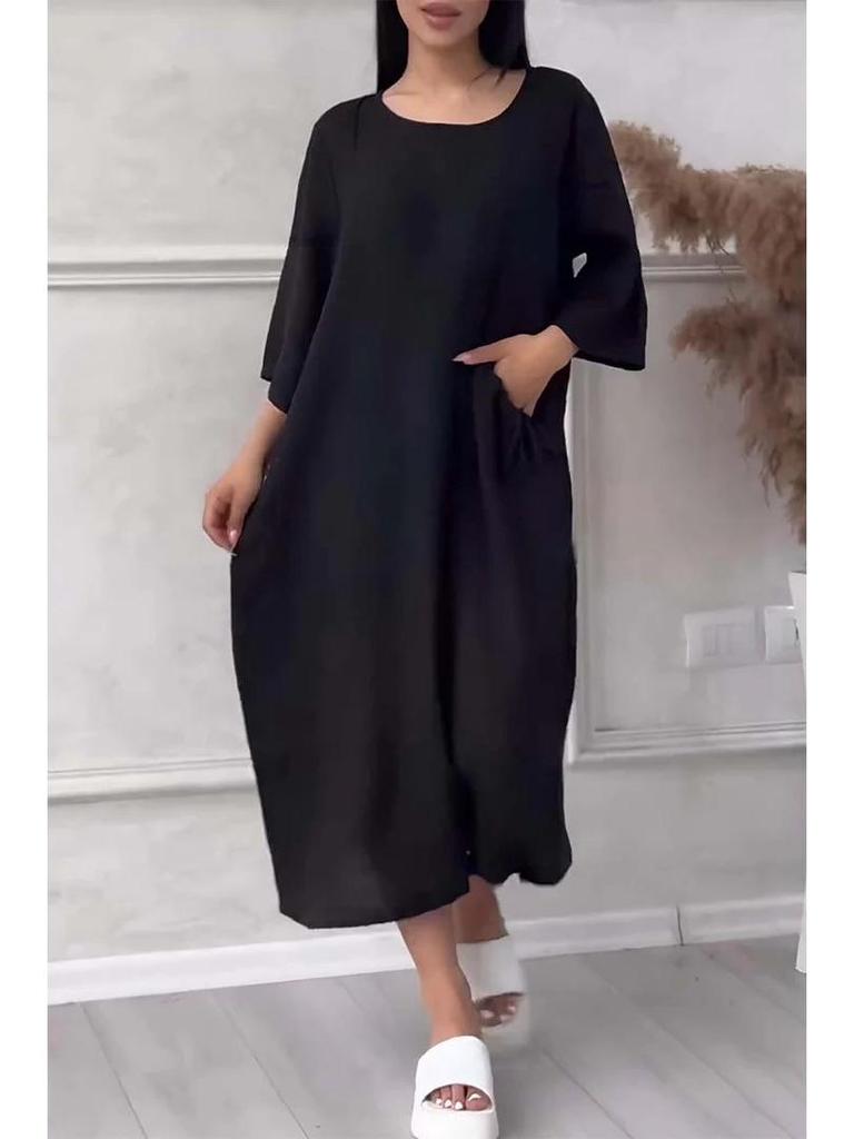 2024 Women's Cotton Linen Solid Colored Casual Button Long Dress with Round Neck