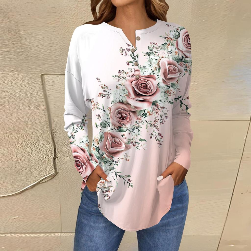 Модная свободная футболка с длинным рукавом и цветочным принтом на пуговицах, топ-пуловер