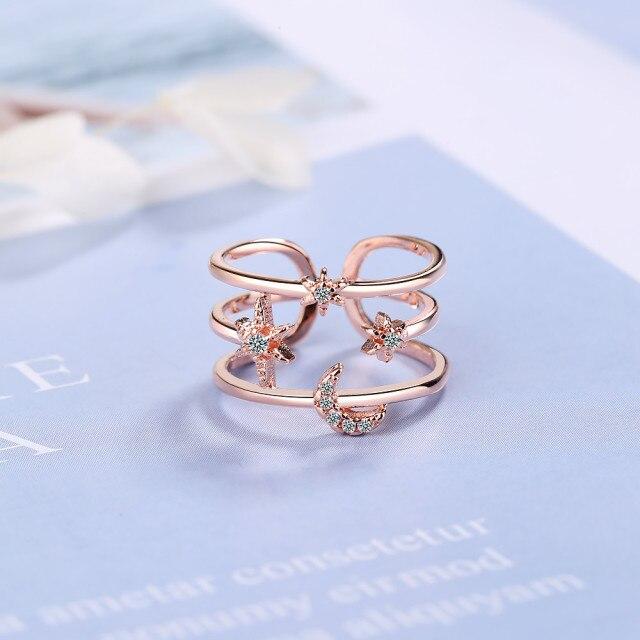 100 %Real Pure 925 Sterling Silver Crystal Moon Star Double Layer Rings For Women Ladies Statement Jewelry Wedding Finger Ring