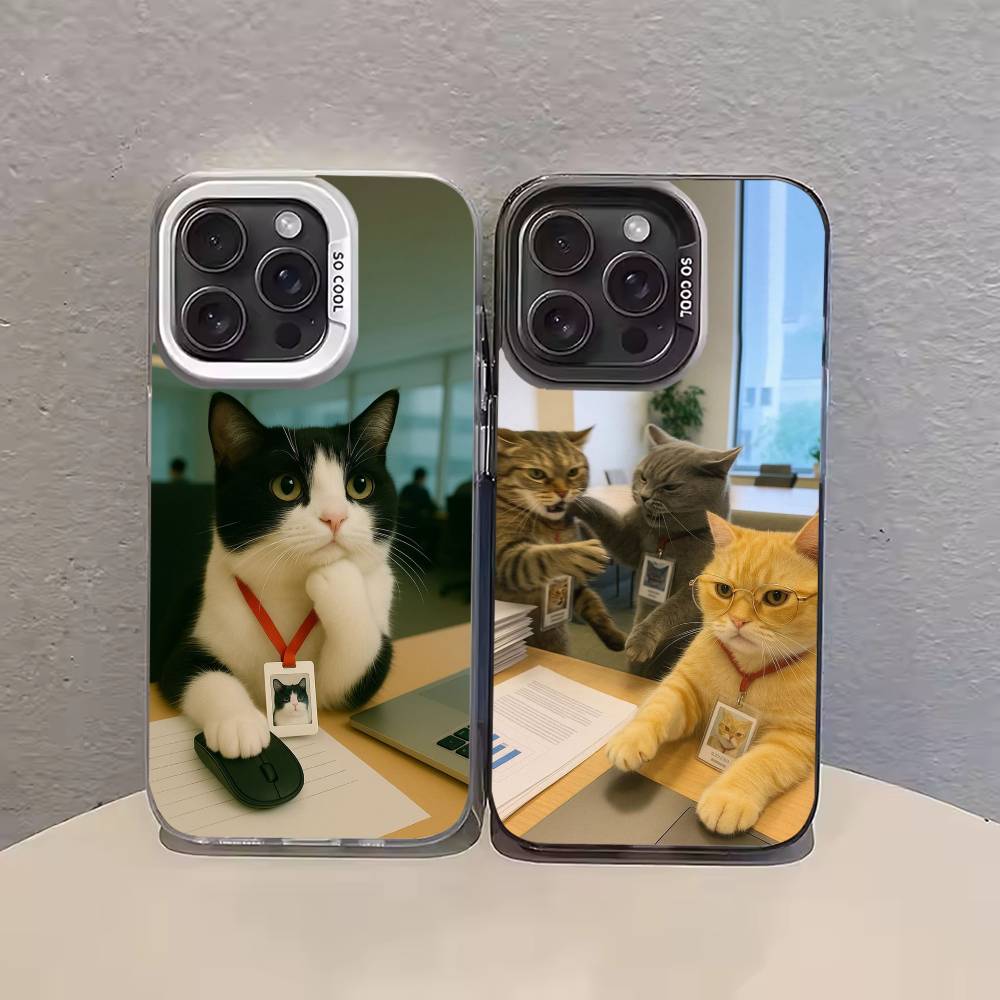 Забавные офисные коты Чехол для телефона для iPhone 17,16,15,14,13,12,11,Pro Max,Plus Конфетный серебряный чехол