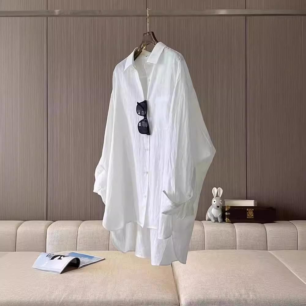 White Sunscreen Cotton and Linen Long-sleeved Shirt Jacket Women's Summer Thin Cardigan with Linen Shirt Top Spring and Autumn