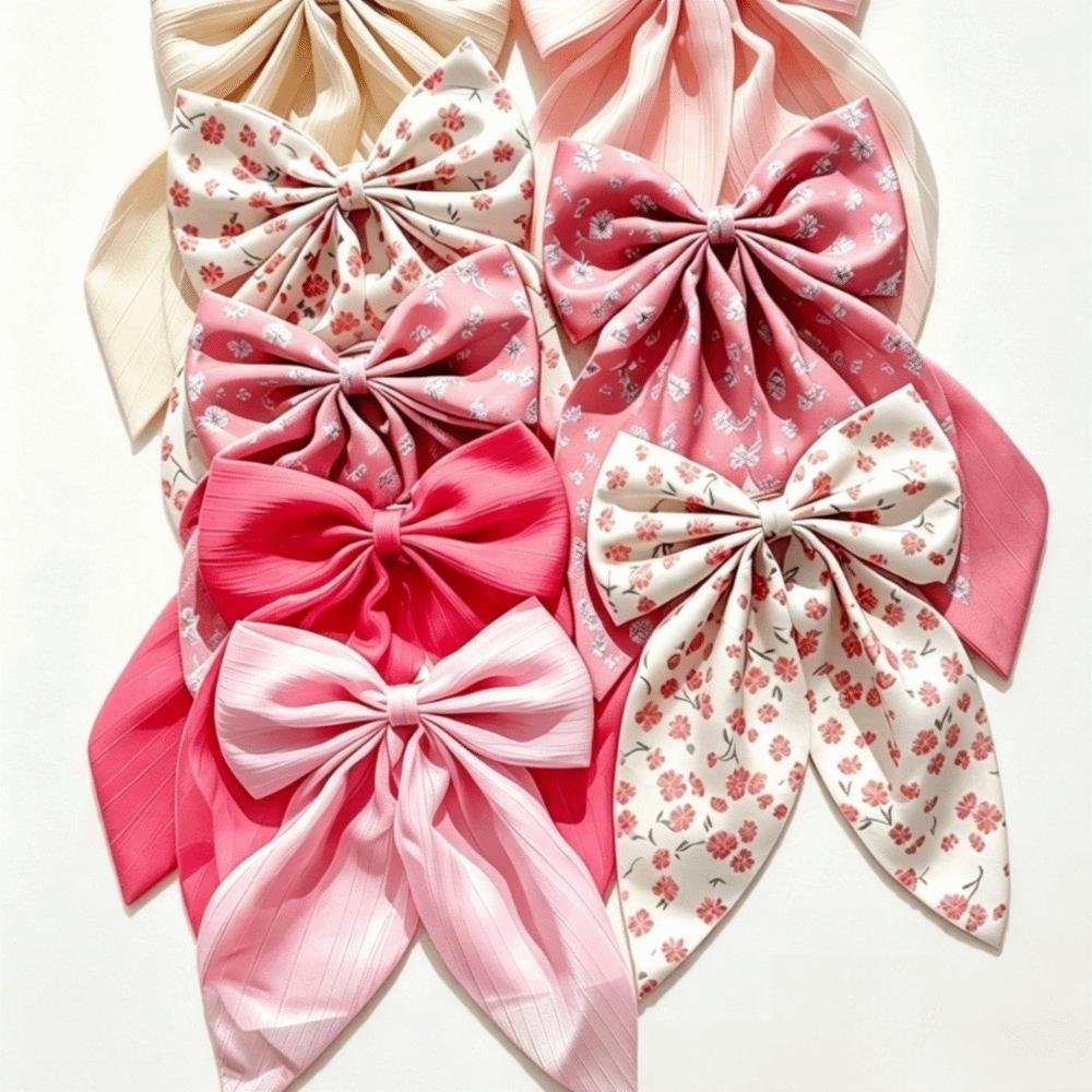 8Pcs Ribbon Tail Floral Print Bow Hair Clips Fabric Ribbon Spring Clips Daily Wear