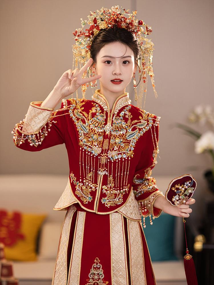 2026 Xiuhe Velvet Bride's Departure Dress - High-End Chinese Wedding & Toasting Attire for Couples
