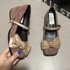 2025 New Suede Block Heel Single Shoes Autumn New Square Toe Shallow Mouth Bow Slip Strap Non-Slip Kitten Heels