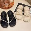 WTEMPO Pearl Sandals Fairy Style Dual Purpose and Thick Soles Heighten Mesh Flat Heels Comfortable Fashionable Casual and Versatile Slippers