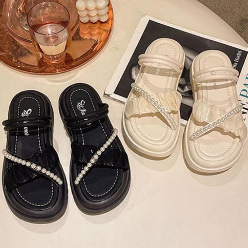 WTEMPO Pearl Sandals Fairy Style Dual Purpose and Thick Soles Heighten Mesh Flat Heels Comfortable Fashionable Casual and Versatile Slippers