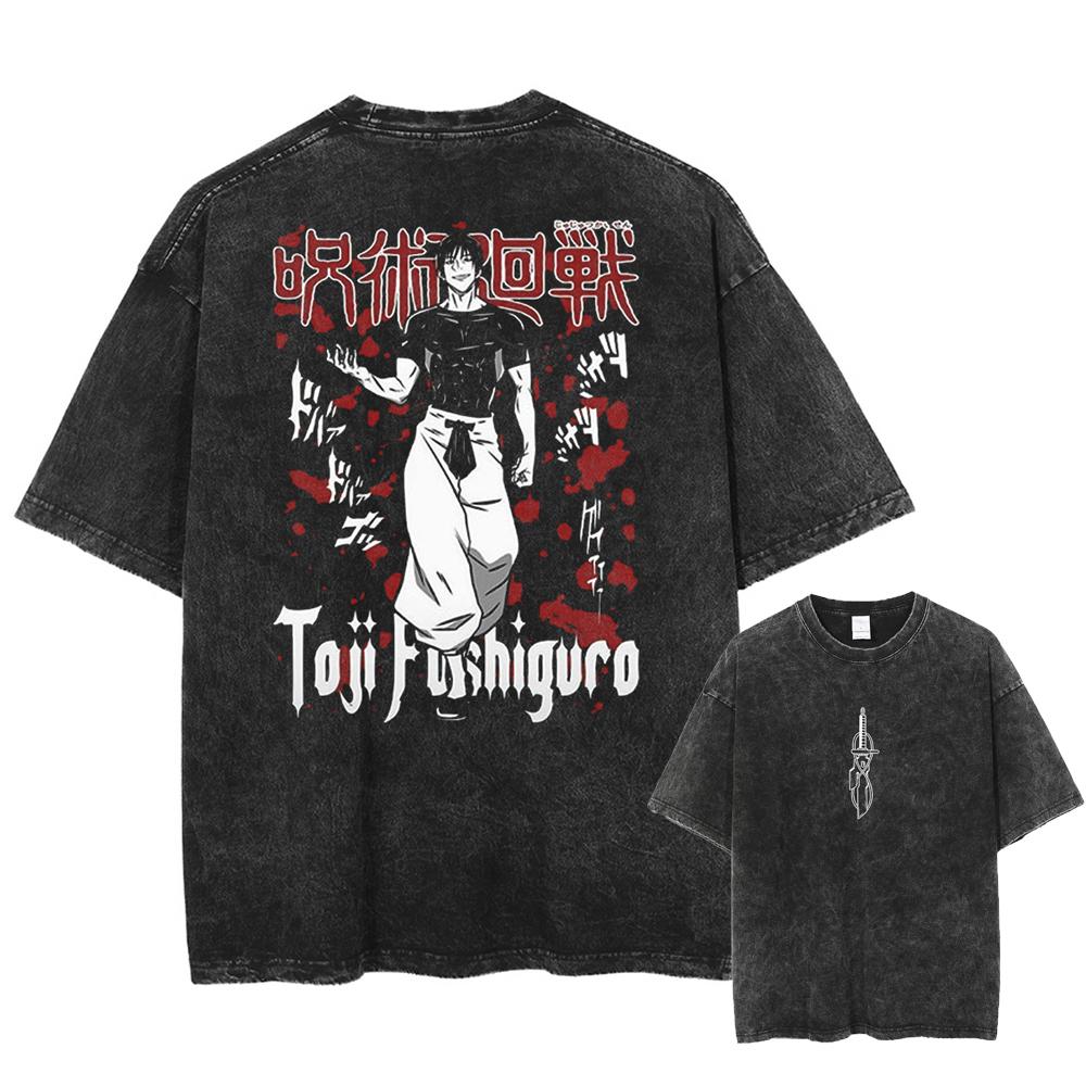 Мужская Женская Винтажная Футболка Оверсайз с Вареным Эффектом Унисекс Уличная Одежда Харадзюку Футболка с Аниме Принтом Летняя Футболка с Коротким Рукавом Повседневная Хлопковая Футболка