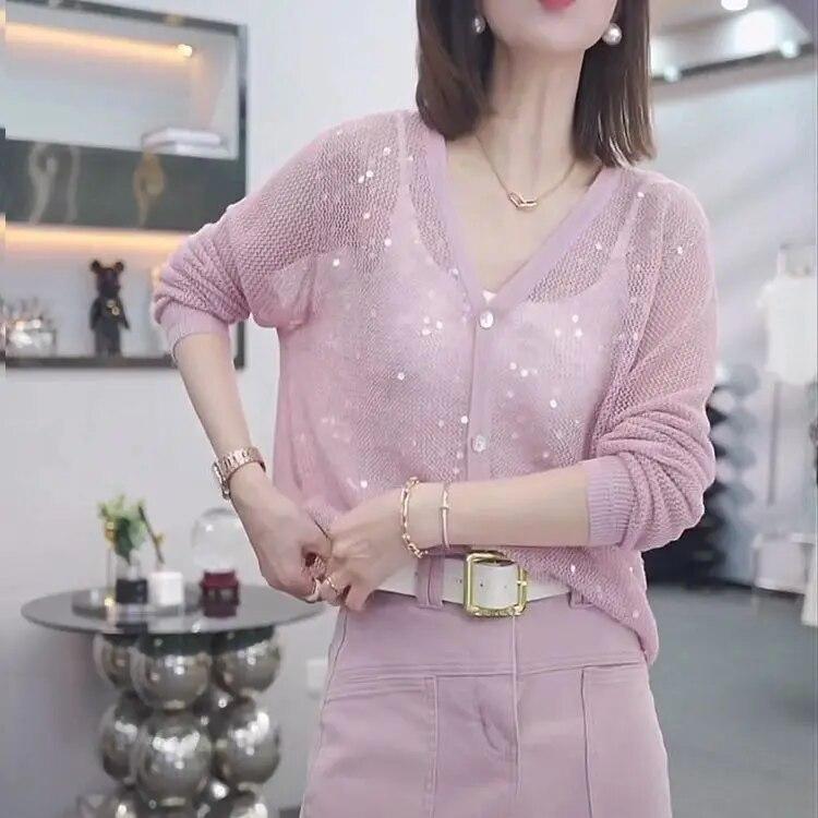 Вязаный свитер с полым V-образным вырезом и ленивыми пайетками, свободный и тонкий летний защитный чехол для кондиционирования воздуха, длинные рукава.