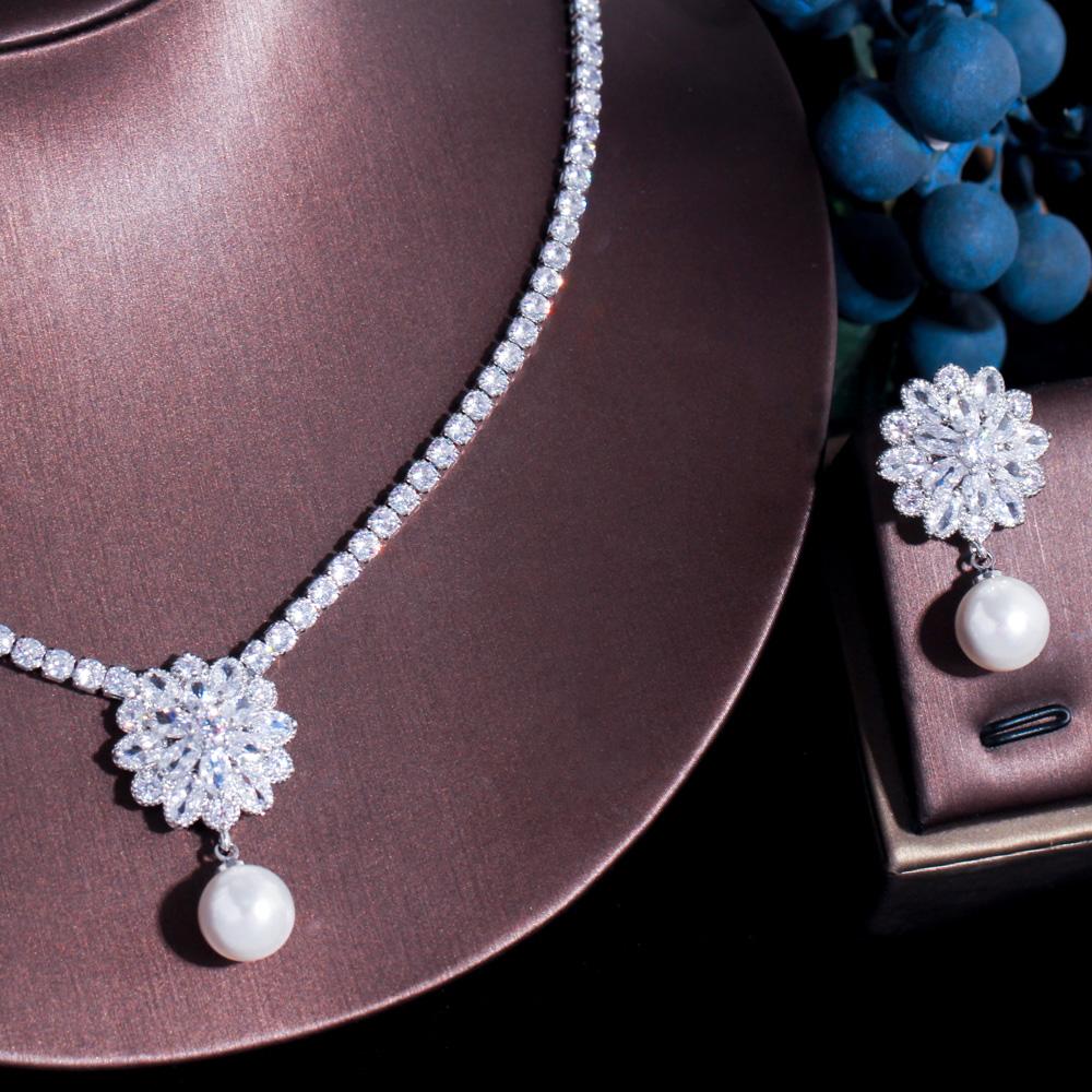 CMM великолепный кубический цирконий цветок падение Для женщин свадебное ожерелье из искусственного жемчуга серьги модные свадебные комплекты ювелирных изделий подарок